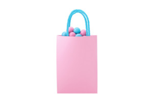 A pink gift bag with a turquoise handle, filled with colorful spherical objects. png