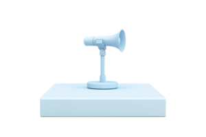 A blue megaphone rests on a square platform, showcasing a minimalistic design and emphasizing its purpose of amplifying sound. png
