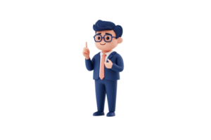 A professional-looking character in a suit, holding a pointer and gesturing, exuding a confident and engaging demeanor. png