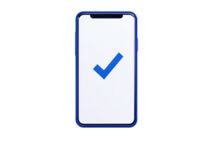 A smartphone displaying a blue check mark on a white screen, symbolizing verification or approval. png