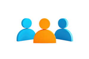Three stylized figures, two in blue and one in orange, arranged in a row, representing concepts of community and individuality. png