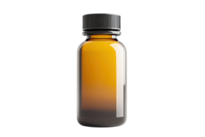 A cylindrical amber bottle with a black cap, commonly used for storing liquids or supplements. png