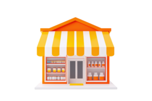 A colorful storefront with an orange and white striped awning, displaying various products in an organized manner. png