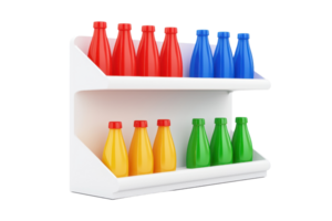A shelf displays colorful bottles arranged in two rows, featuring red, blue, yellow, and green hues. png