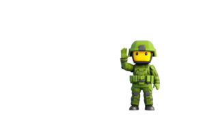 A green toy soldier figure waves, showcasing a cheerful expression and military attire. png