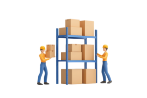 Two workers stacking boxes on a blue shelving unit, showcasing teamwork and organization in a storage environment. png