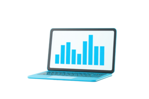 A laptop displaying a blue bar graph, representing data analysis and trends. png