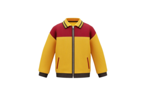 A vibrant, multicolored jacket featuring red, yellow, and gray elements with a zip closure and collar. png