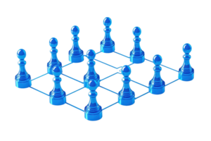 A digital chessboard displaying blue pawn pieces arranged in a strategic formation. png