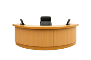 A sleek wooden reception desk with a curved design and a black chair, equipped with two monitors for professional use. png