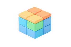 A colorful 3D puzzle cube composed of smaller squares in various hues, showcasing a playful and engaging design. png