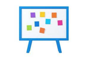 A whiteboard with colorful sticky notes attached, displaying a variety of hues and shapes. png