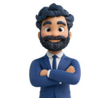 A cheerful animated character with a beard, dressed in a suit, confidently crossing arms and smiling. png