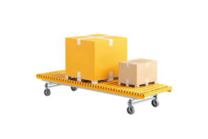 A yellow pallet with two boxes, one large and one small, positioned on top, showcasing a shipping or storage scenario. png