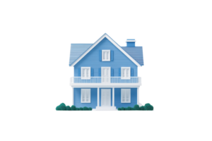 A charming blue house with a balcony, featuring multiple windows and a sloped roof, surrounded by small greenery. png