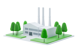 A modern factory model with three smokestacks, surrounded by green trees and grass. png