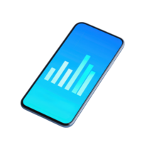 A modern smartphone displaying a blue gradient screen with upward bar graphs, symbolizing growth or data analysis. png