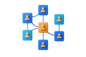 A network diagram featuring an interconnected central figure with multiple surrounding icons representing individuals. png