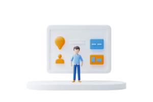 A stylized figure stands in front of a digital interface displaying various icons and buttons related to user interaction. png