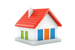A colorful, stylized house model featuring a red roof and vibrant windows. png