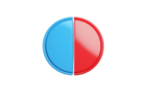 A circular object split into blue and red halves, showcasing a symmetrical design that emphasizes contrasting colors. png