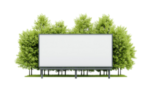 A large, blank billboard is framed by lush green trees, creating an inviting display space for advertisements or messages. png