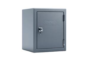 A sturdy, gray safe designed for secure storage, featuring a locking mechanism and a solid door. png
