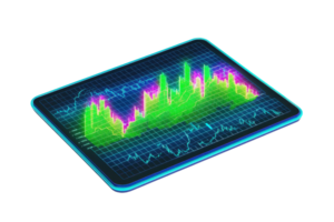 A vibrant digital graph displaying fluctuating data trends in green and pink colors on a grid layout. png