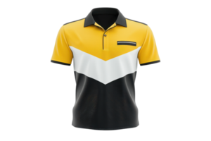 A stylish polo shirt featuring a vibrant yellow, white, and black color block design with a classic collar and a front pocket. png