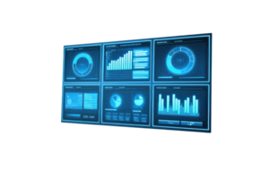 A collection of digital analytics dashboards displaying various graphs, charts, and data visualizations in a futuristic design. png