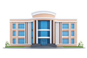 A modern building with a grand entrance, featuring large windows and decorative columns in a warm color palette. png