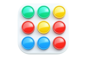 A colorful grid of nine round buttons arranged on a white square interface. png