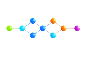 A colorful molecular structure with interconnected spheres representing atoms or nodes in a scientific or abstract context. png