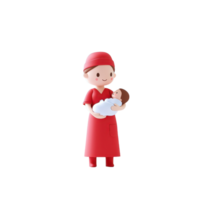 A cheerful figure in red holding an infant, symbolizing care and nurturing in a playful, stylized design. png