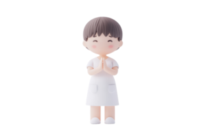 A cute figurine of a smiling child dressed in white, with hands together in a gesture of greeting or prayer. png