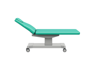 A medical examination table with a reclining backrest, featuring a teal surface and a sturdy wheeled base. png