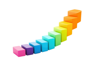 A sequence of colorful cubes arranged in a staggered formation, transitioning from purple to orange. png