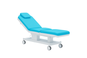 A modern medical examination table with a blue cushion, adjustable for patient comfort, featuring wheels for mobility. png