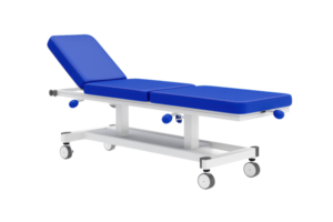 A blue medical examination table with adjustable backrest and rolling wheels for mobility. png