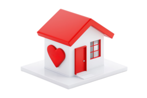 A stylized house model featuring a red roof and door, with a heart symbol prominently displayed on its side. png