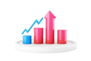 A colorful bar chart displaying three vertical bars in varying heights, with an upward arrow indicating growth. png