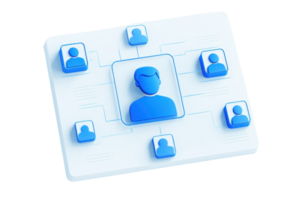 A blue and white diagram representing a central user connected to multiple networked profiles. png