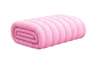 A pink, rolled blanket with quilted patterns showcasing a soft, plush texture, offering comfort and warmth. png