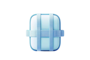 A compact, rectangular storage case designed with straps for secure closure, featuring a smooth, light blue exterior. png