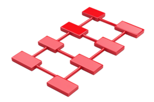A 3D diagram featuring interconnected red blocks, representing a flowchart or organizational structure. png