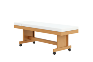 A wooden bench with a padded white surface, featuring wheels for mobility. png