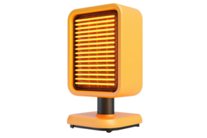 A compact, vibrant orange heater with horizontal heating elements, designed for efficient warmth in small spaces. png