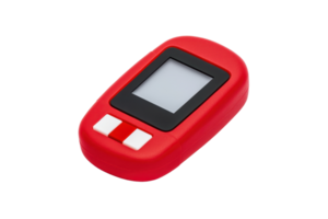 A compact, red electronic device featuring a display and two buttons, designed for measuring specific data. png
