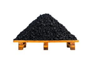 A large mound of coal is displayed on a wooden pallet, showcasing its dark, granular texture and bulk. png