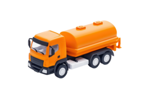 A bright orange toy truck designed for transporting liquids, featuring a rounded tank and wheels for mobility. png